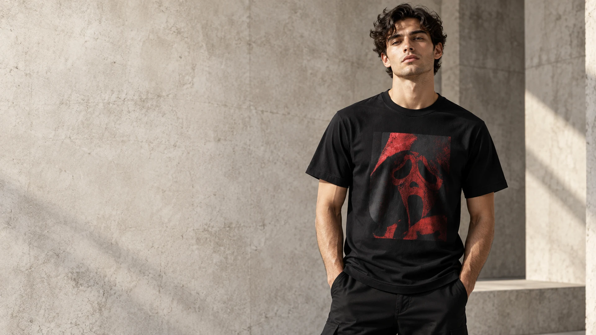 Model wearing Ghostface Horror Mask Mens T Shirt Halloween Graphic Tee